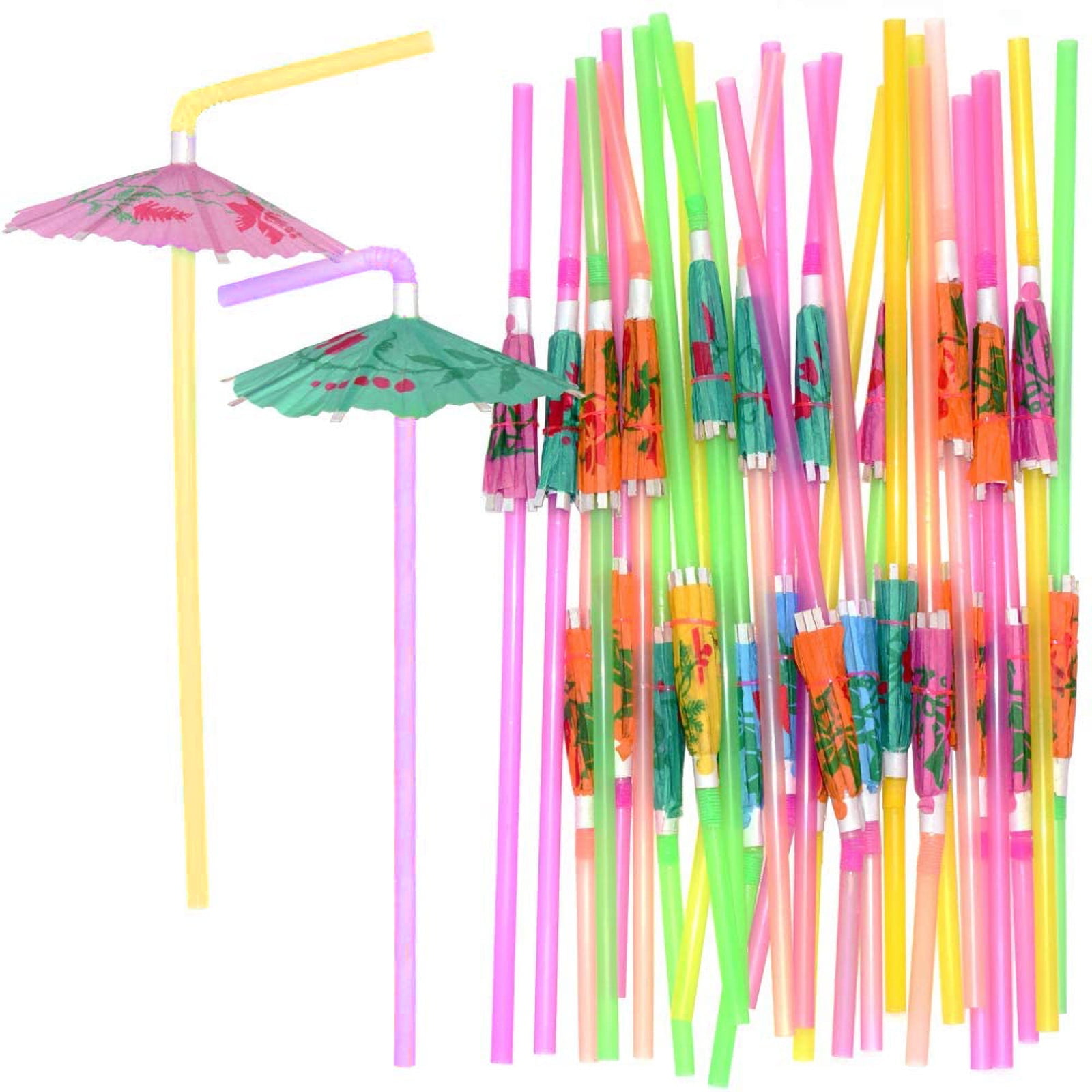 Umbrella Disposable Bendy Drinking Straws for Luau Hawaii Beach Party 50Pcs Multicolor